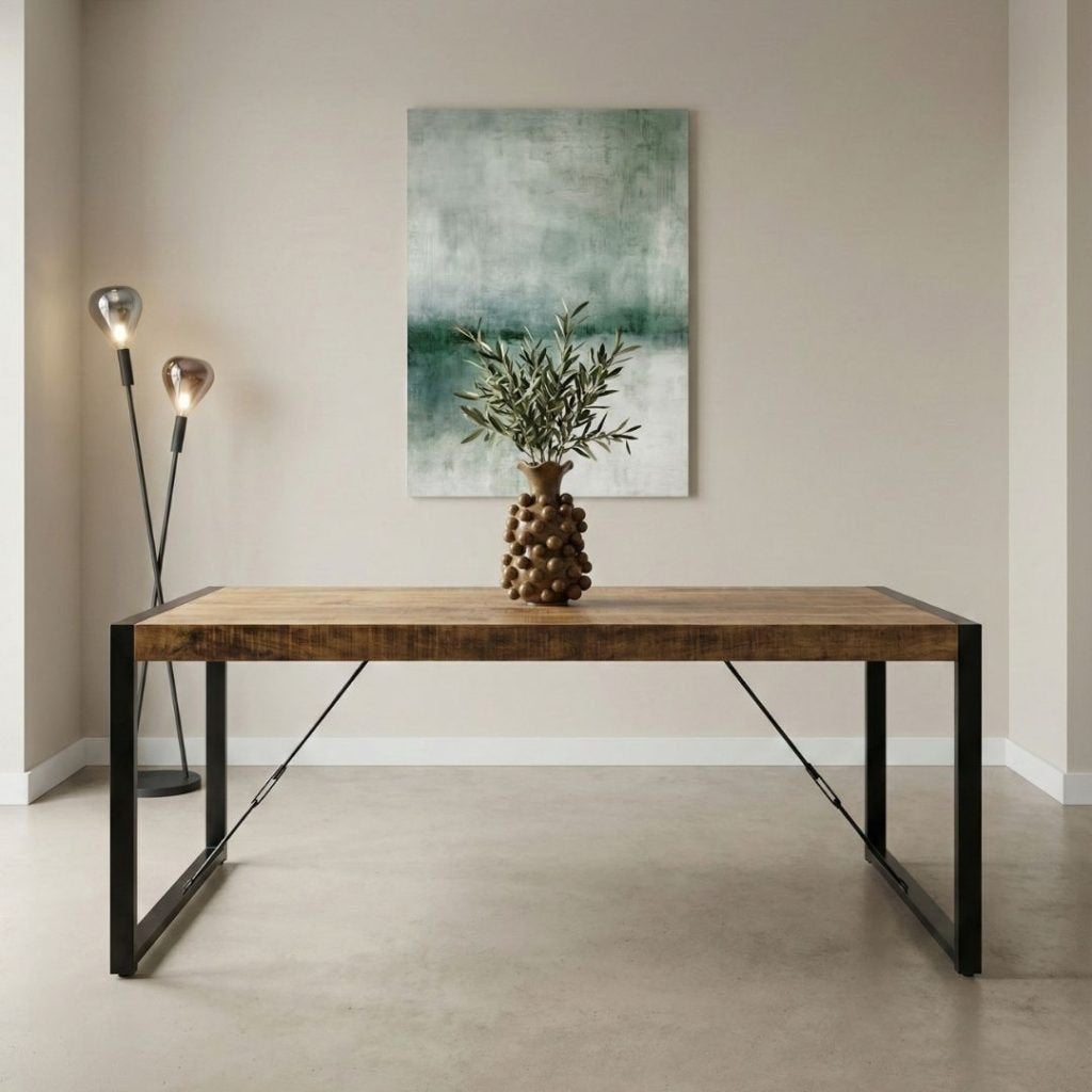 Eettafel 'Britt' 200x90 mangohout, Ophalen, 50 tot 100 cm, Vijf personen of meer, Industrieel