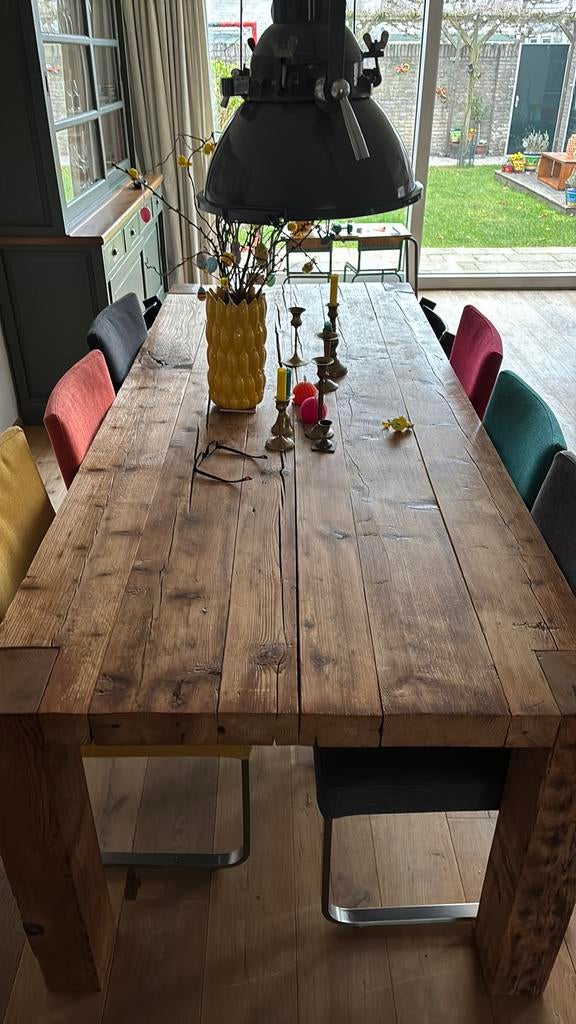 robuuste teak eetkamertafel, Huis en Inrichting, Complete eetkamers, Ophalen, Zo goed als nieuw, 6 tot 8 stoelen