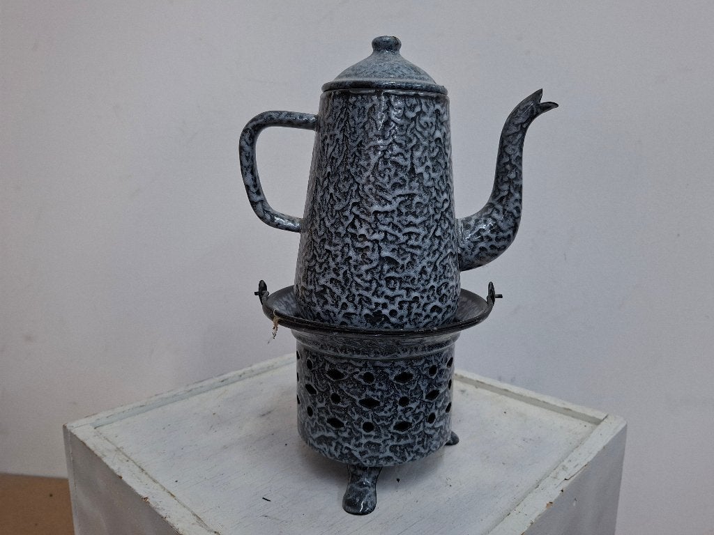 antiek grijs gemeleerde theepot /koffiepot met warmhouder, Ophalen of Verzenden