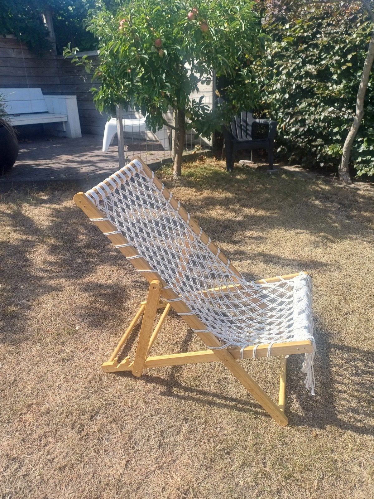 Houten strandstoel met macramé zitting, Ophalen, Zo goed als nieuw, Hout, Inklapbaar