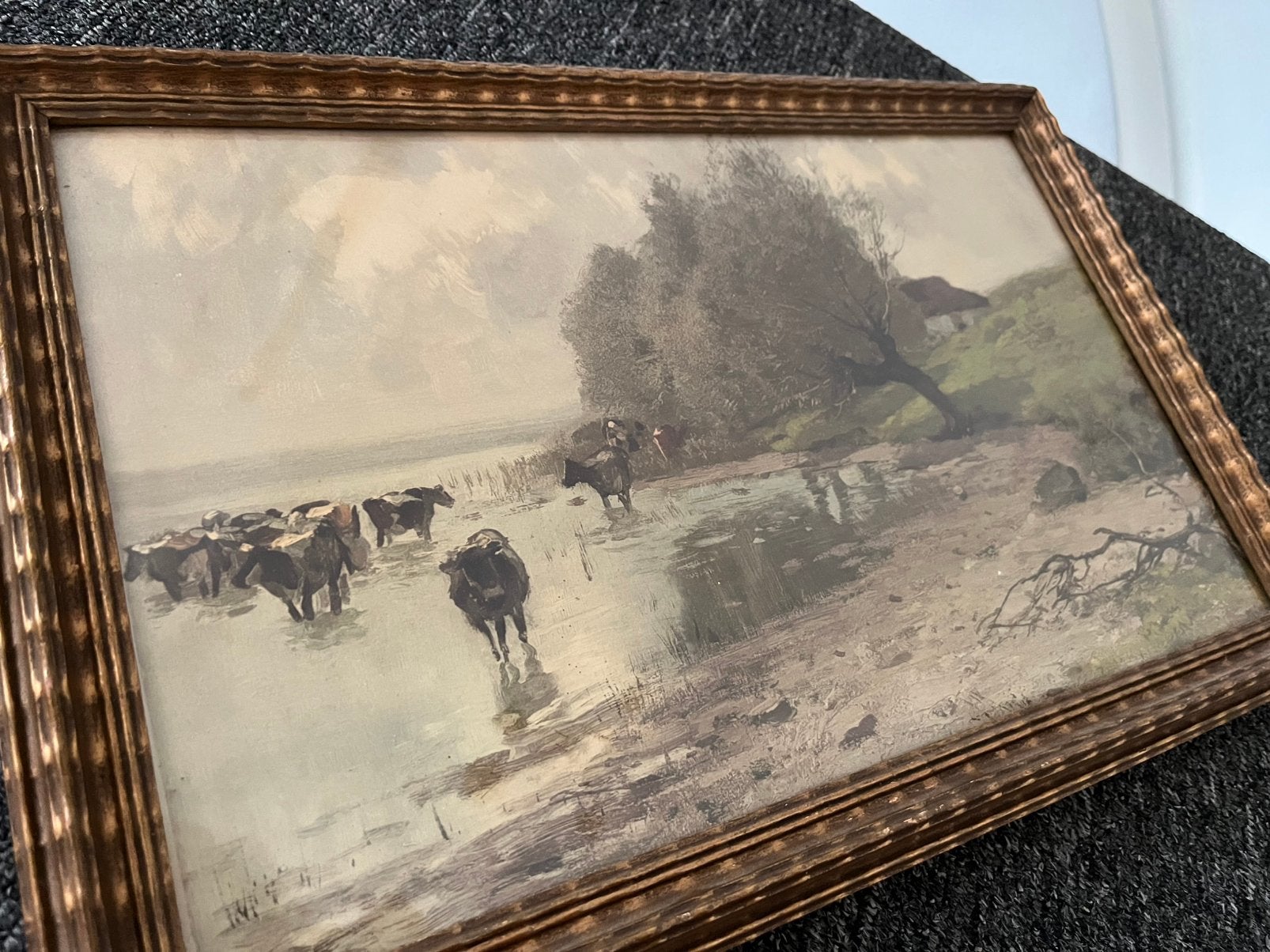 Carl Weber - Koeien aan het Water in Originele Gouden Lijst, Ophalen of Verzenden, Overige techniek, Dieren en Natuur, Ingelijst