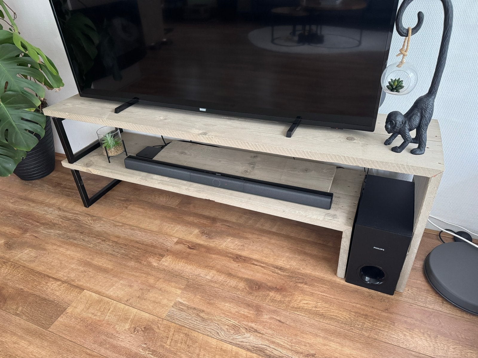 Steigerhouten industriële tv meubel met stalen poten - IGS, Ophalen, Gebruikt, 150 tot 200 cm, Minder dan 100 cm