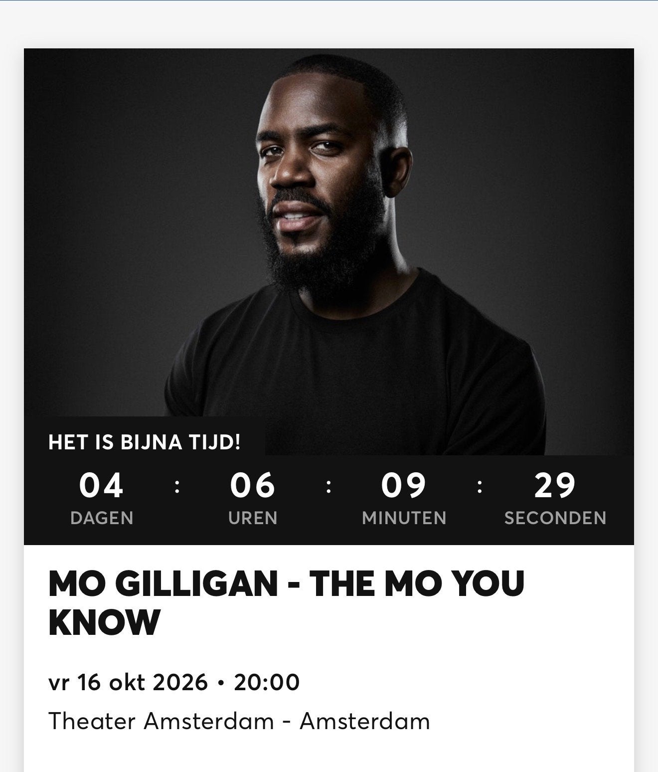 Tickets Mo Gilligan 2x €40 p.p., Twee personen