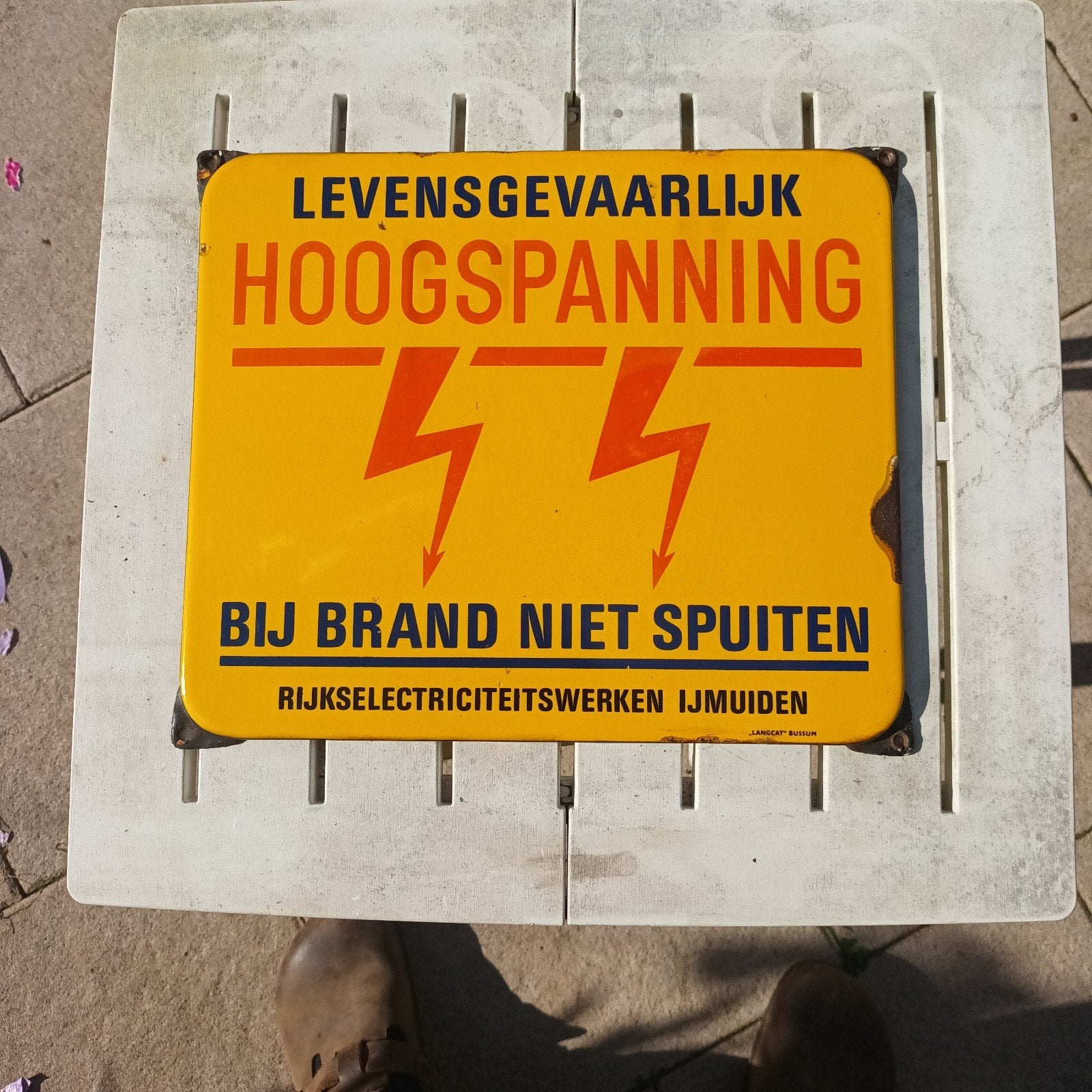 Vintage Emaille Hoogspanning Waarschuwingsbord. langcat, Ophalen of Verzenden