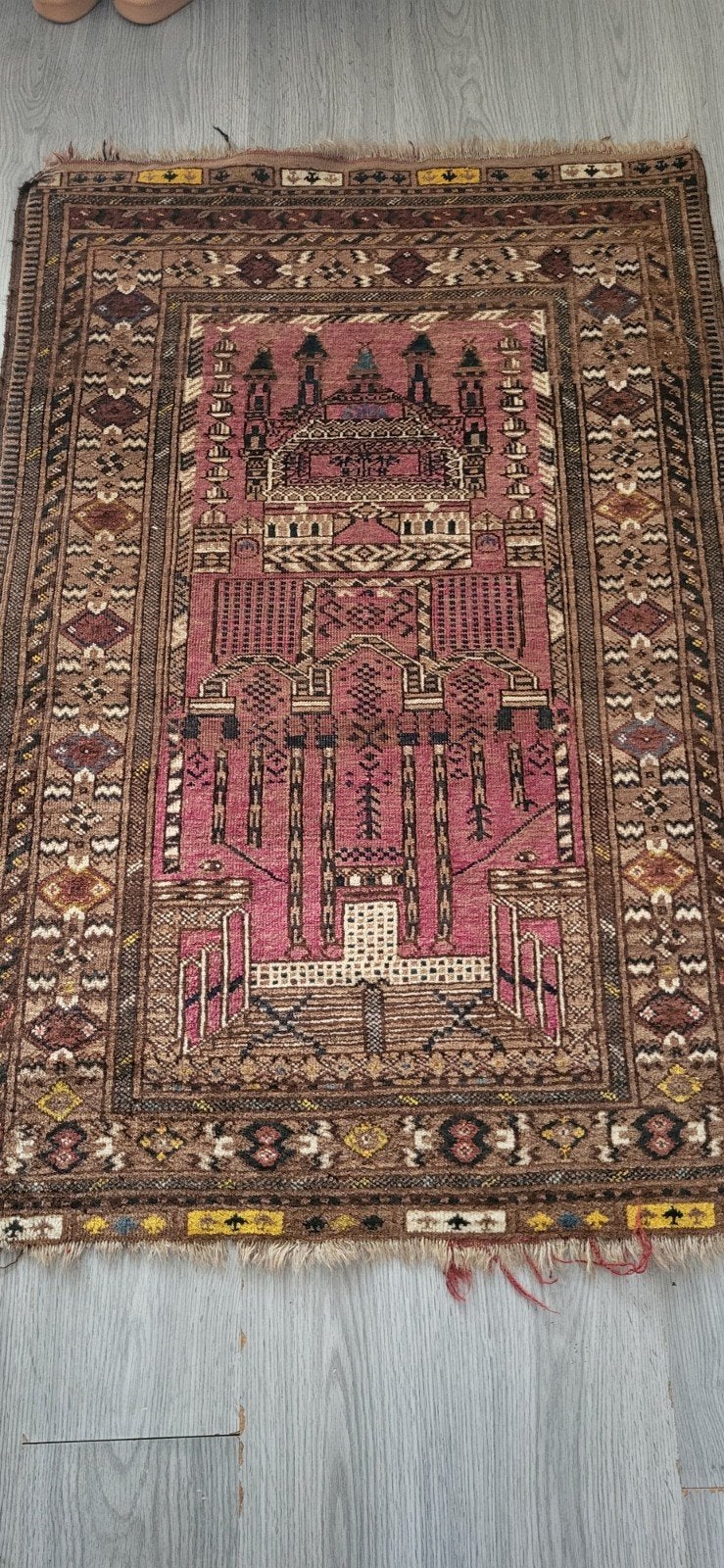Antiek Perzisch gebedskleed, roze/bruin, handgeknoopt, Vintage, Perzisch, Oosters, Gebruikt, 100 tot 150 cm, Rechthoekig
