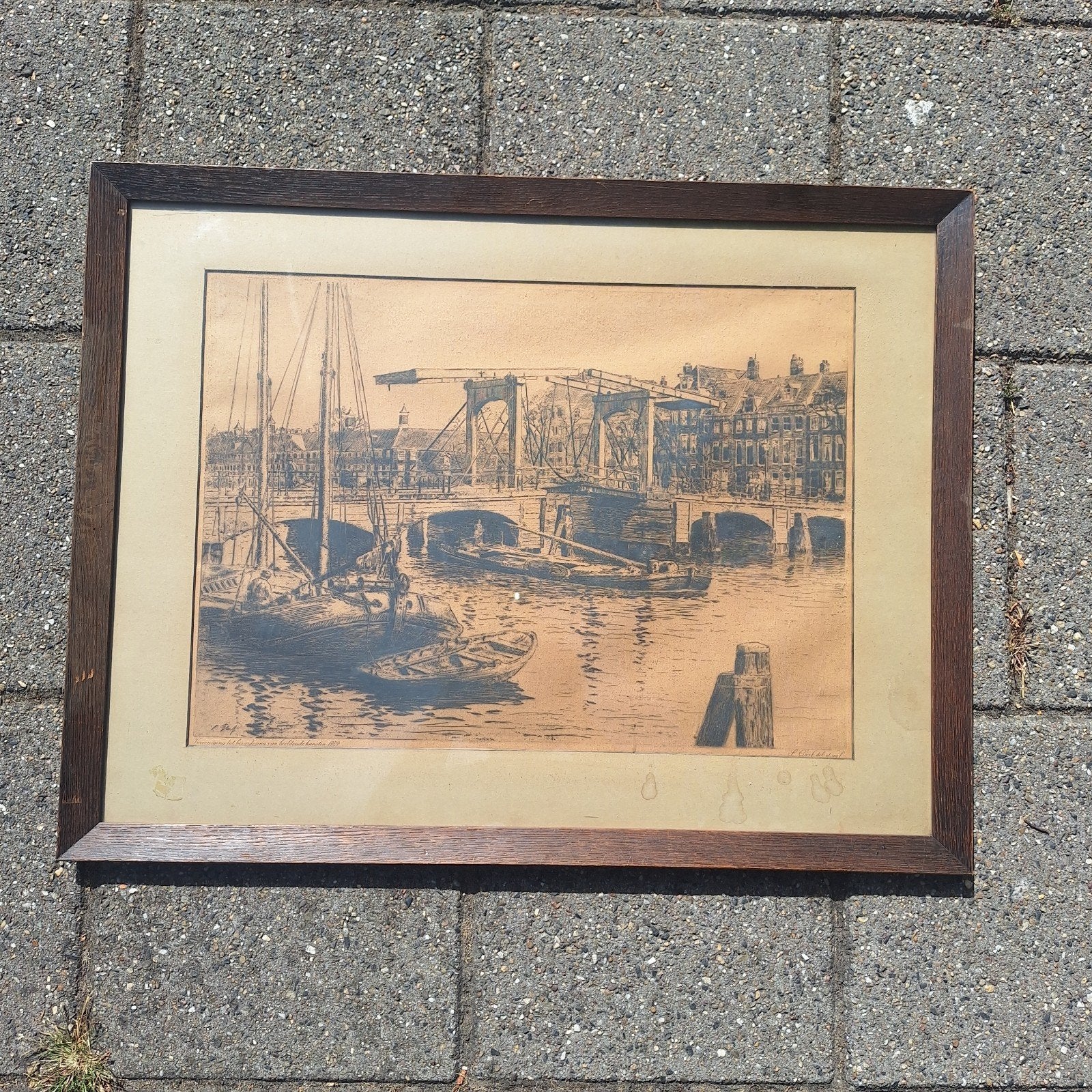 Nostalgische Amsterdamse Tekening Oude ets Gracht, Ophalen of Verzenden, Tekening, Pentekening, Origineel