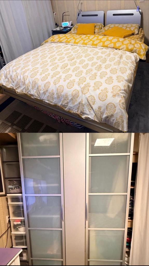 Complete Slaapkamerset: Grijs Bed (140x200), Kast + Nachtka, Ophalen, Gebruikt, Twijfelaar
