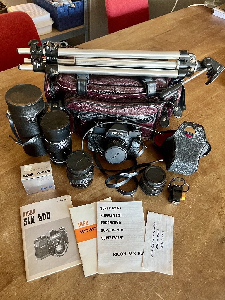 Analoge cameraset: Ricoh SLX 500 + 3 lenzen, statief en tas, Ophalen of Verzenden, Zo goed als nieuw, Spiegelreflex, Overige Merken