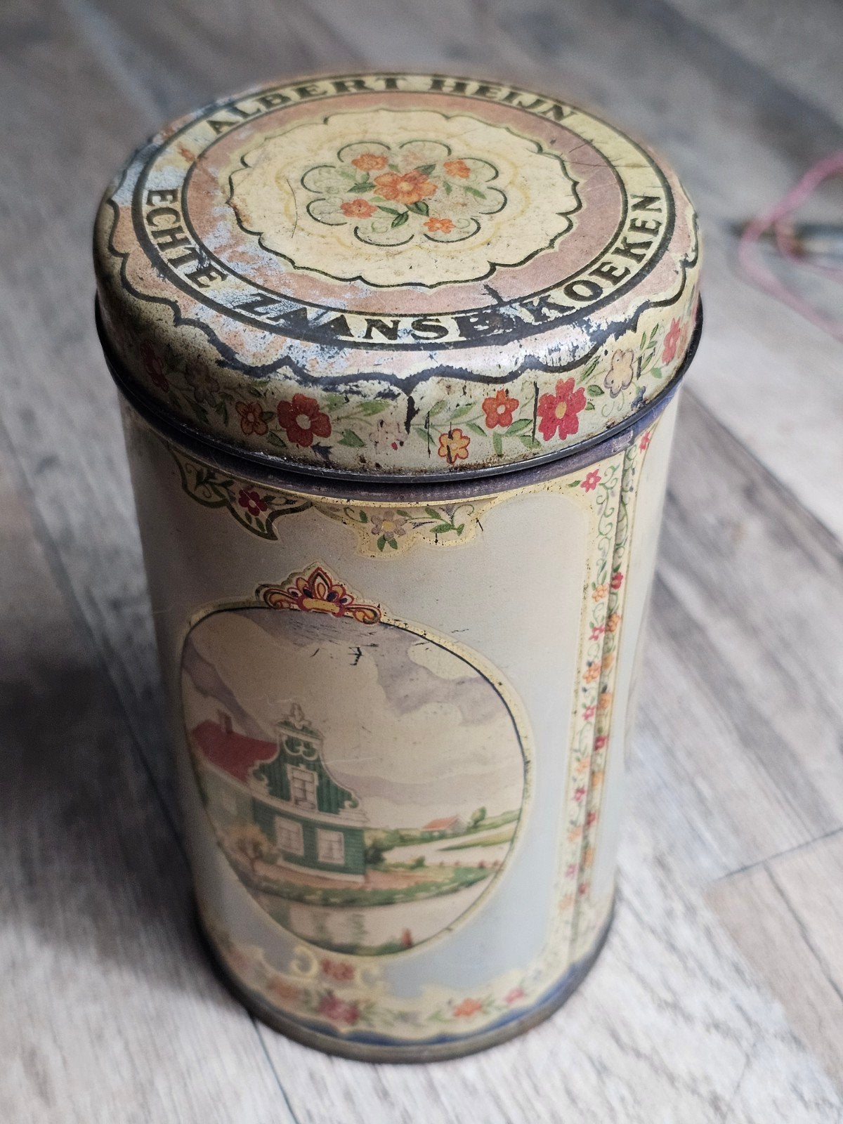 Vintage Albert Heijn Zaanse Koeken Blikken Trommel, Ophalen of Verzenden, Gebruikt, Koek(jes), Overige merken
