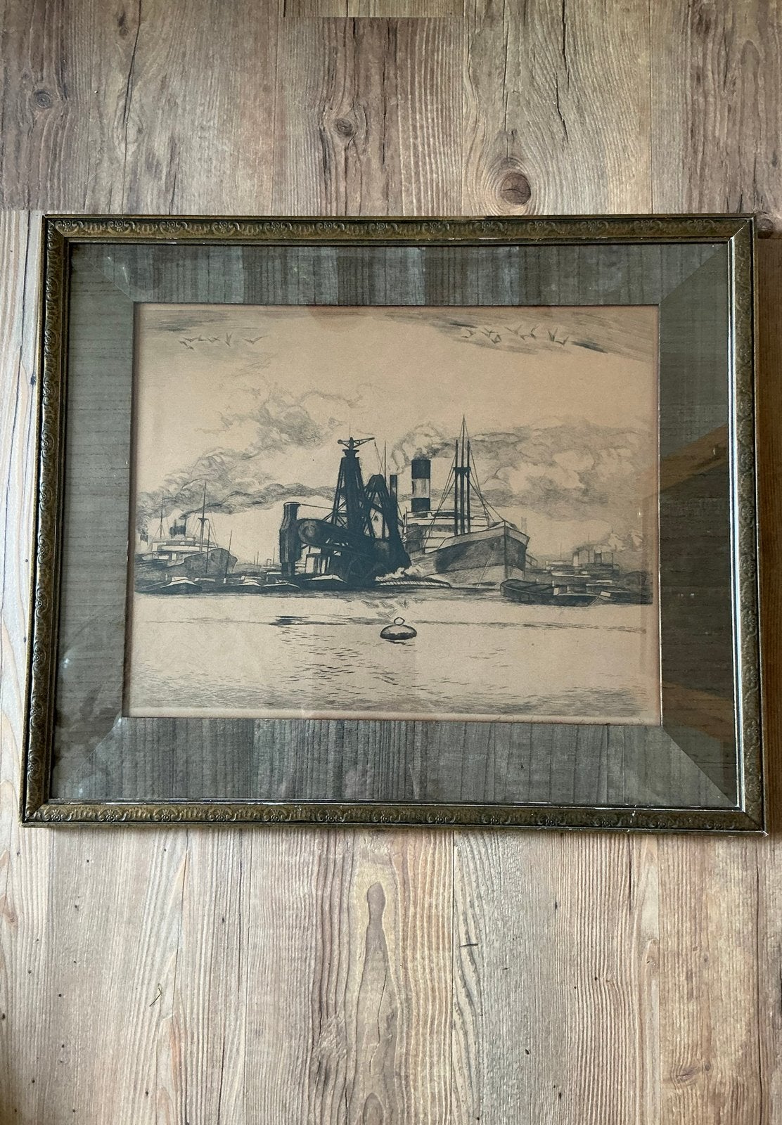 Oud tafereel van de (denk) Rotterdamse haven. Uit 1928. Ets?, Ophalen