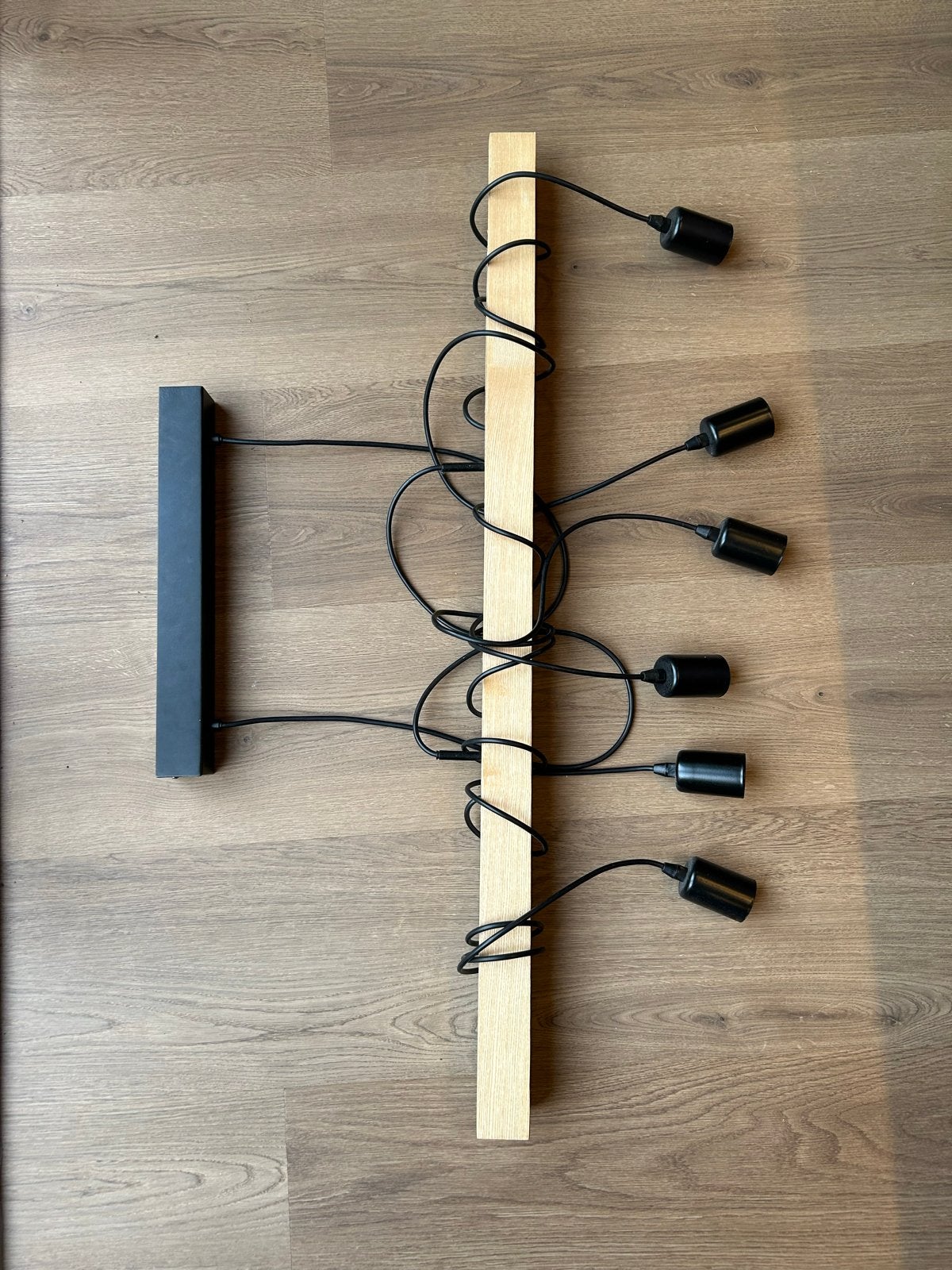 EGLO hanglamp met 6 E27 fittingen en houten balk, Ophalen, Zo goed als nieuw, Hout, E27 (groot)