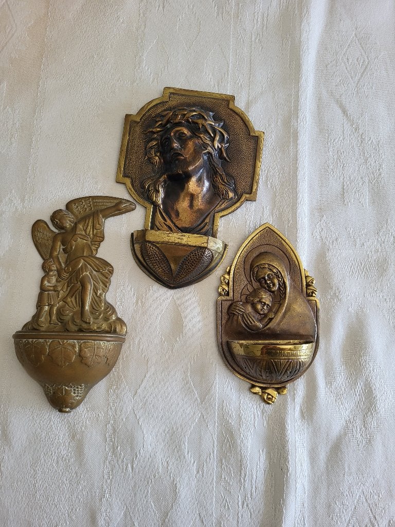 3 Vintage Koperen En Brons Wijwaterbakjes, Ophalen of Verzenden, Gebruikt