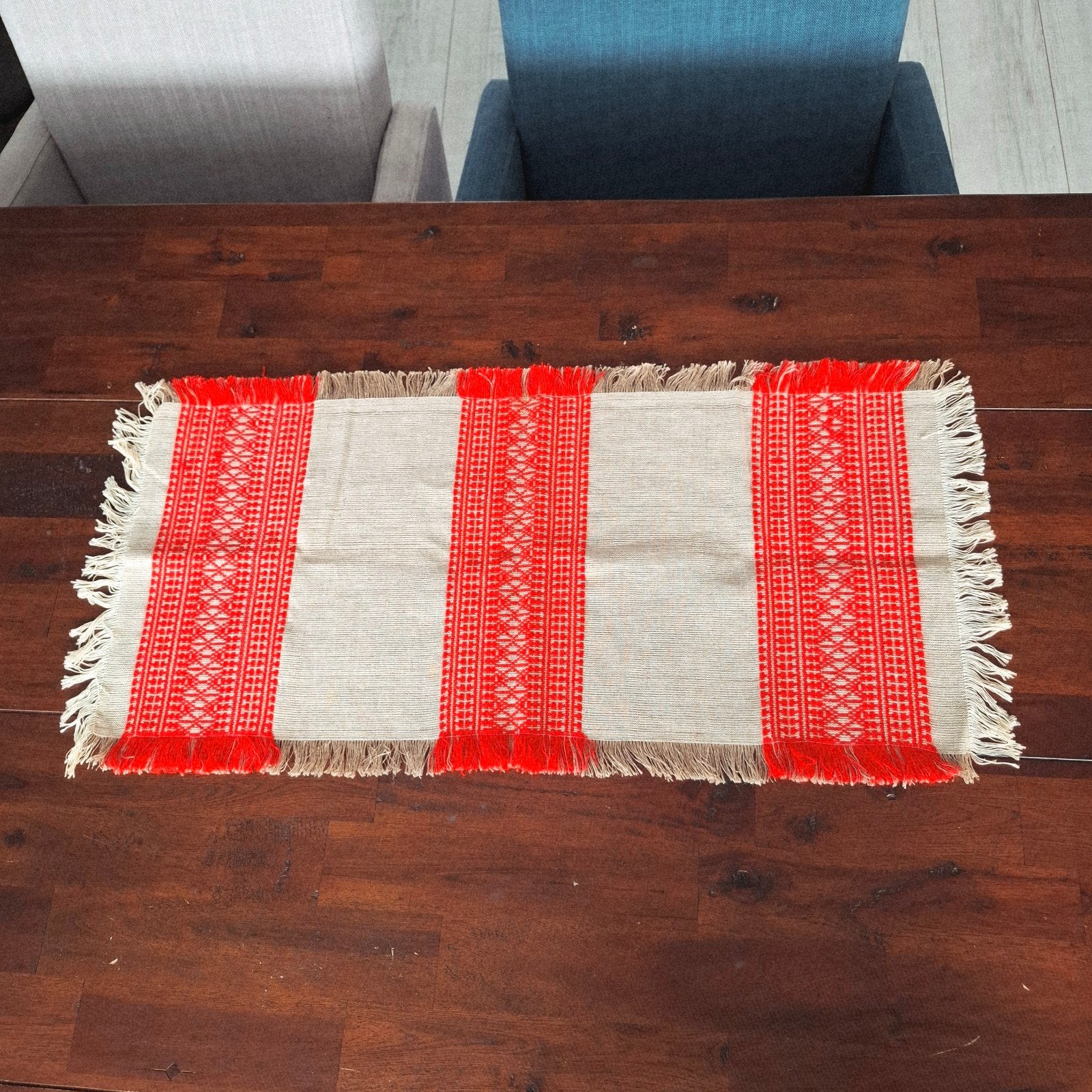 Tafelloper oranje/beige met franjes, Huis en Inrichting, Keuken | Textiel, Gebruikt, Niet van toepassing, Meerkleurig, Niet van toepassing