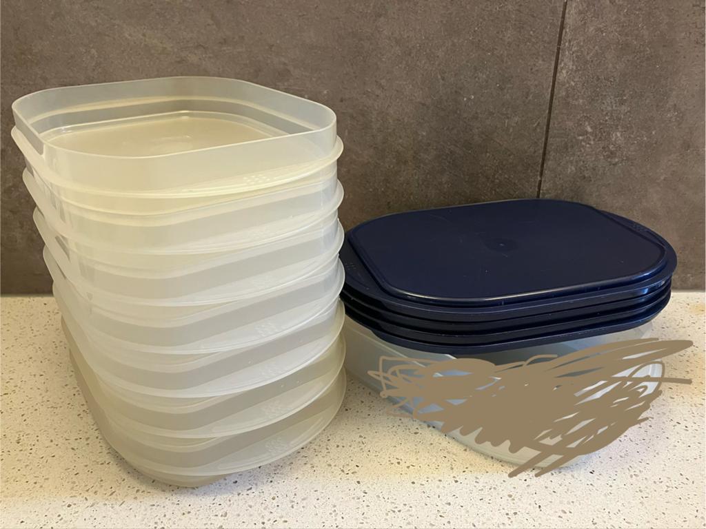 Tupperware belegdozen / stapel bakjes - vleeswaren / kaas, Ophalen of Verzenden, Gebruikt, Blauw, Overige typen