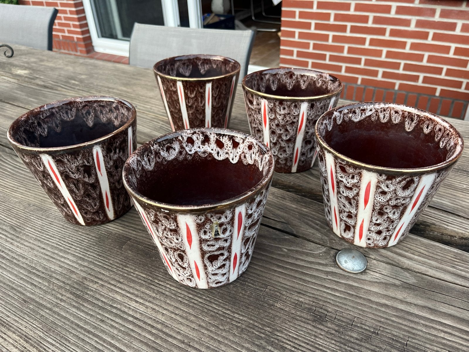 Set van 5 vintage West Germany bloempotten, bruin/wit/rood, Antiek en Kunst, Ophalen of Verzenden
