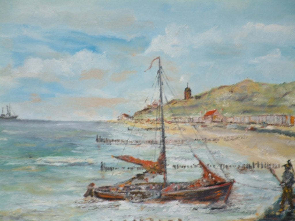 strand  Walcheren met vissers   40 x50 cm, Doek, Ophalen of Verzenden, Olieverf, Klassiek
