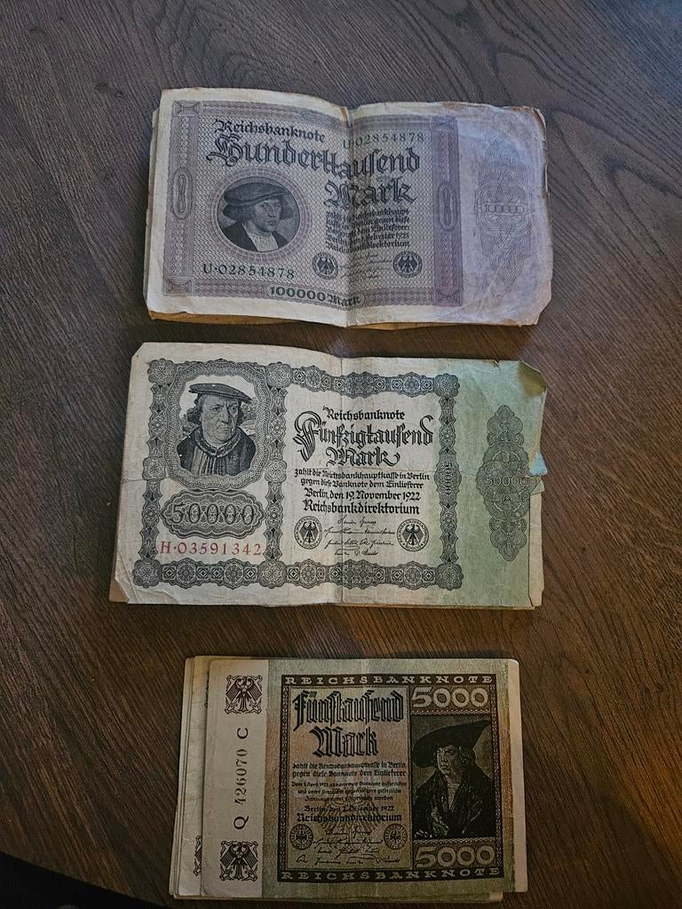 Duitse Reichsbanknoten - 100.000, 50.000 en 5.000 Mark, Ophalen of Verzenden, Duitsland, Setje