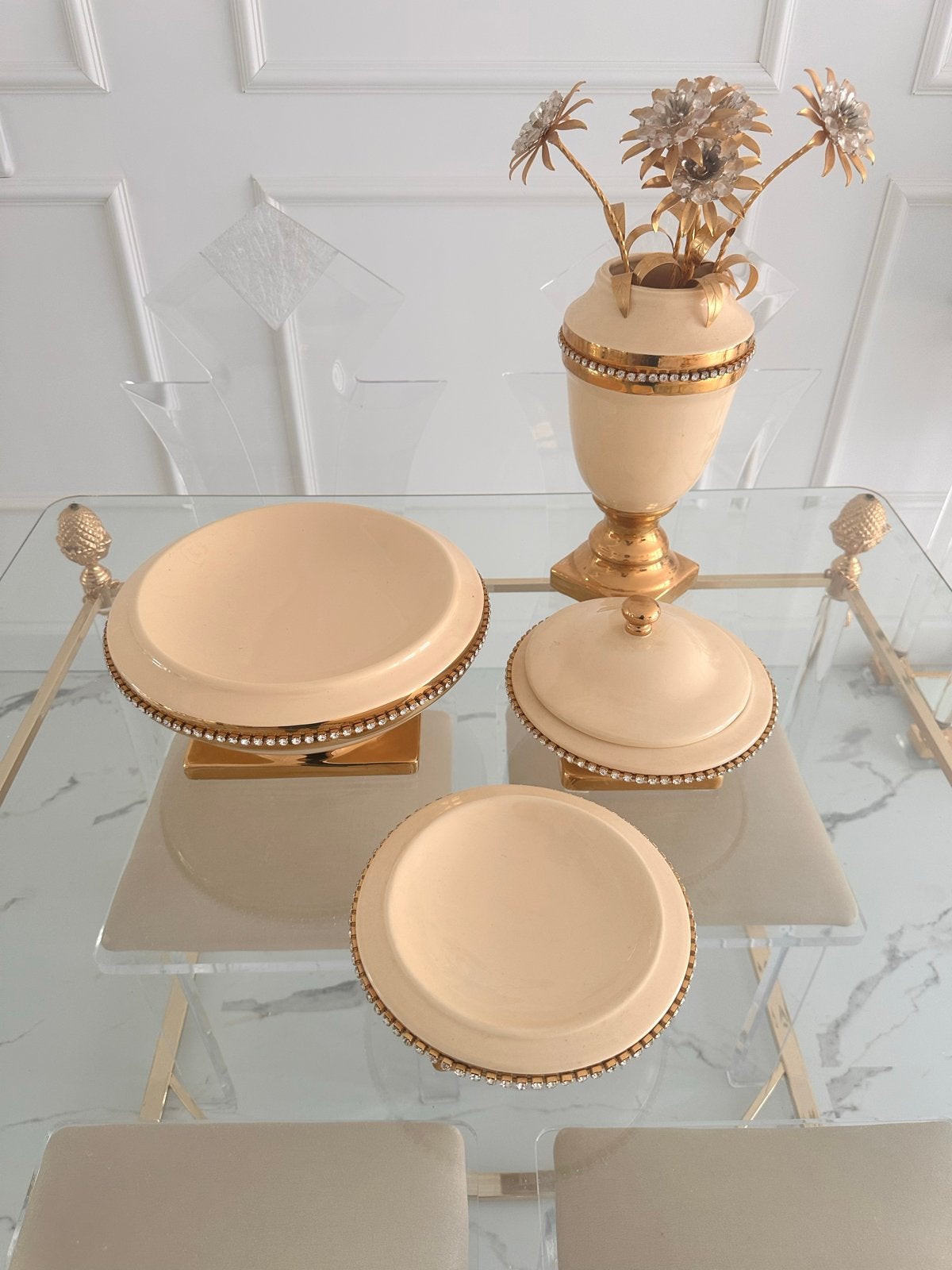 Luxe Tafelstel 4-delig met Swarovski Kristal & Bladgoud, Antiek en Kunst, Ophalen