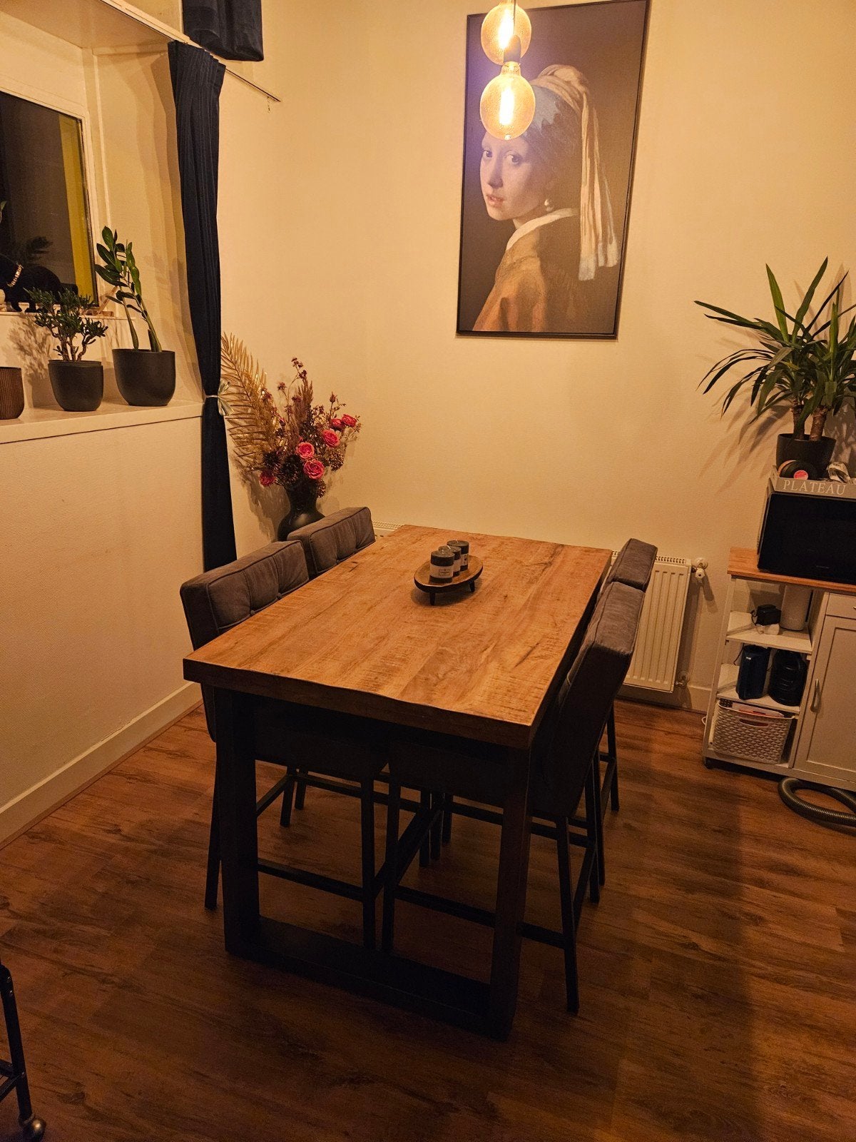 Halfhoge eettafel met stalen poten en 4 krukken, Gebruikt, 200 cm of meer, 50 tot 100 cm, Vier personen