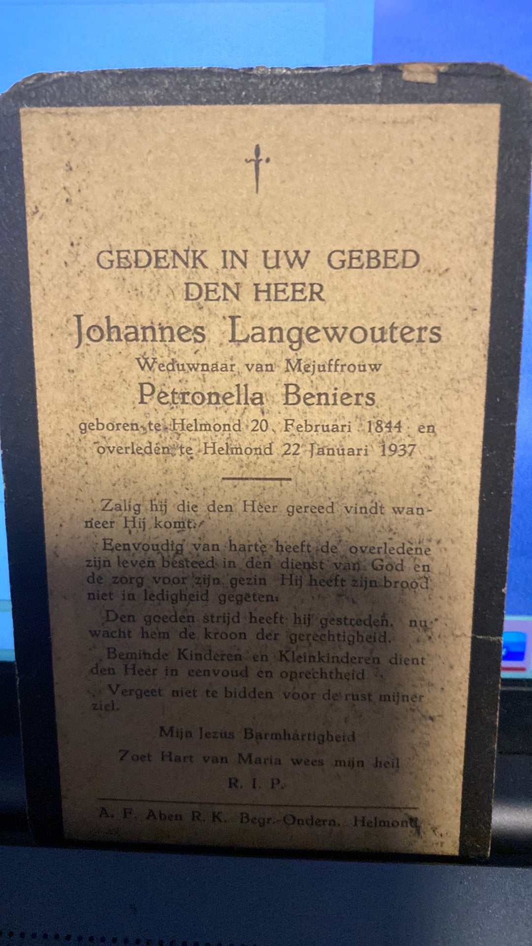 J Langewouters x Beniers 1844 Helmond 1937, Verzamelen, Ophalen of Verzenden