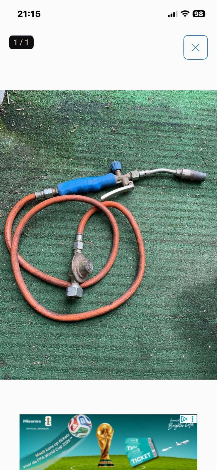 Gasbrander met slang en drukregelaar, Ophalen, Gebruikt
