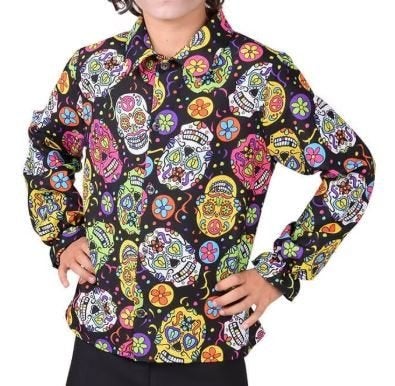 Leuke zwart/roze/geel/blauw MEXICAN SKULL/HALLOWEEN blouse, Ophalen of Verzenden, Zo goed als nieuw, 158 t/m 164, Jongen of Meisje
