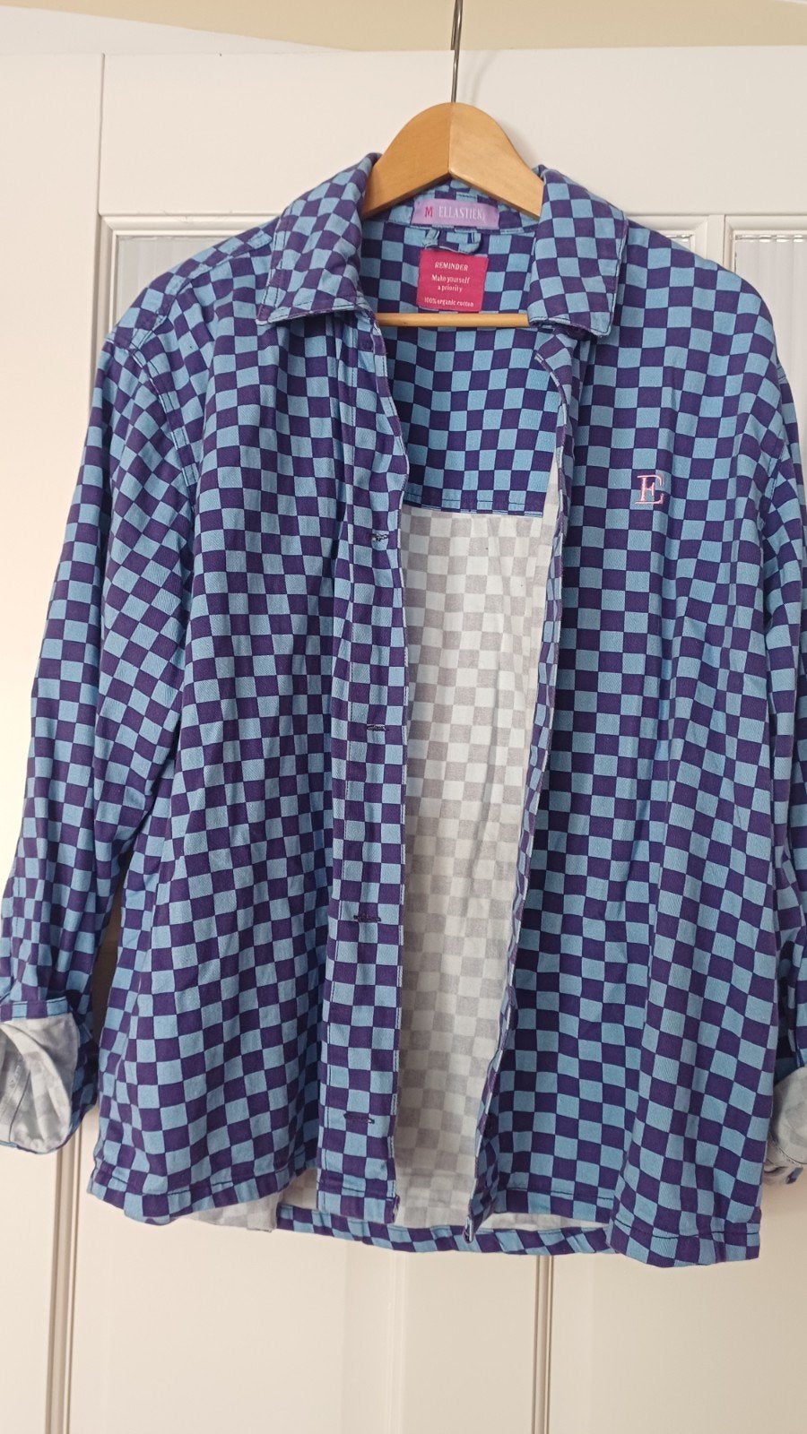 Ellastiek geruit overhemd, 100% biologisch katoen, Kleding | Dames, Blouses en Tunieken, Zo goed als nieuw, Maat 38/40 (M), Blauw