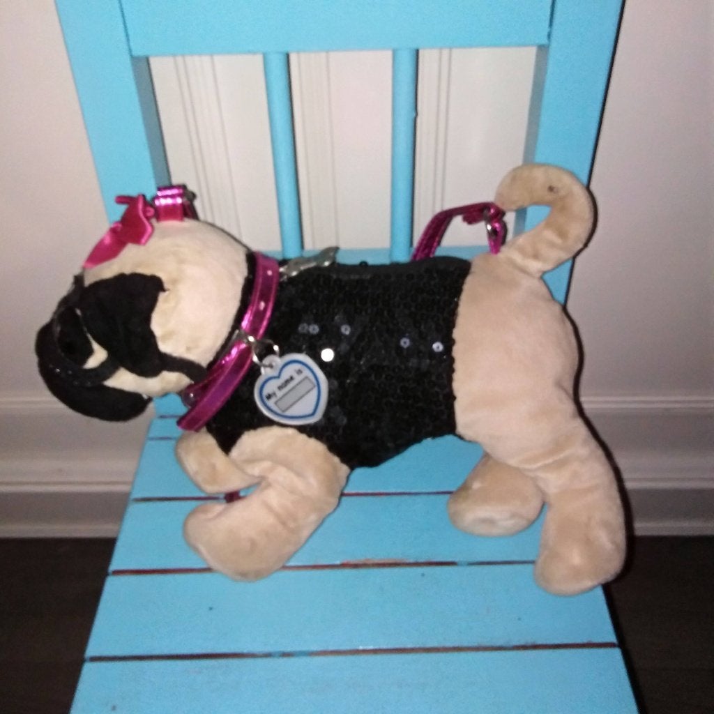 Poochie&Co pug-handtasje zwarte lovertjes en roze accenten, Ophalen, Gebruikt, Gebruiksvoorwerp