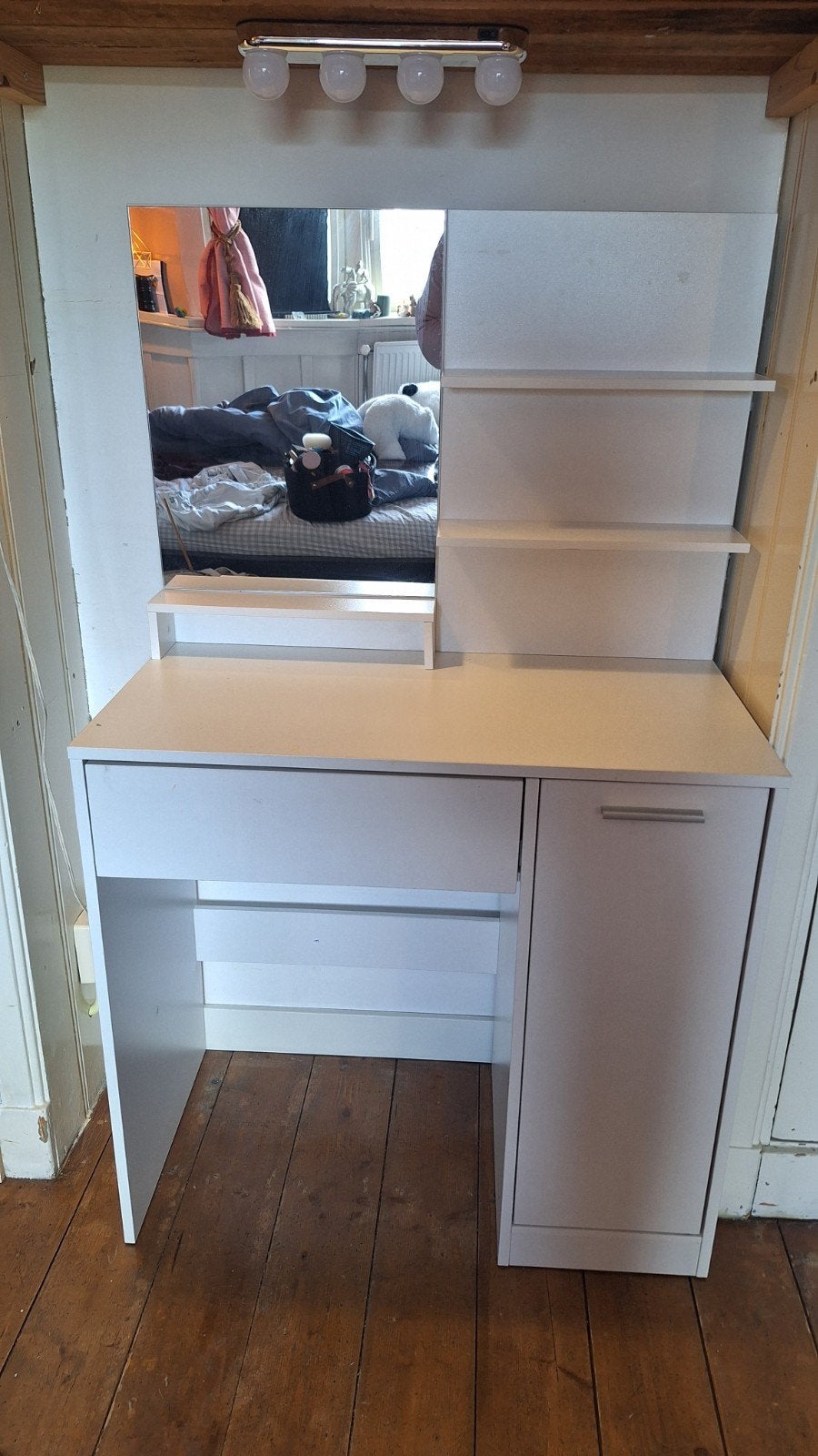 Witte kaptafel met spiegel en opbergruimte, Huis en Inrichting, Tafels | Kaptafels, Ophalen, Gebruikt, Modern, functioneel, 100 tot 150 cm