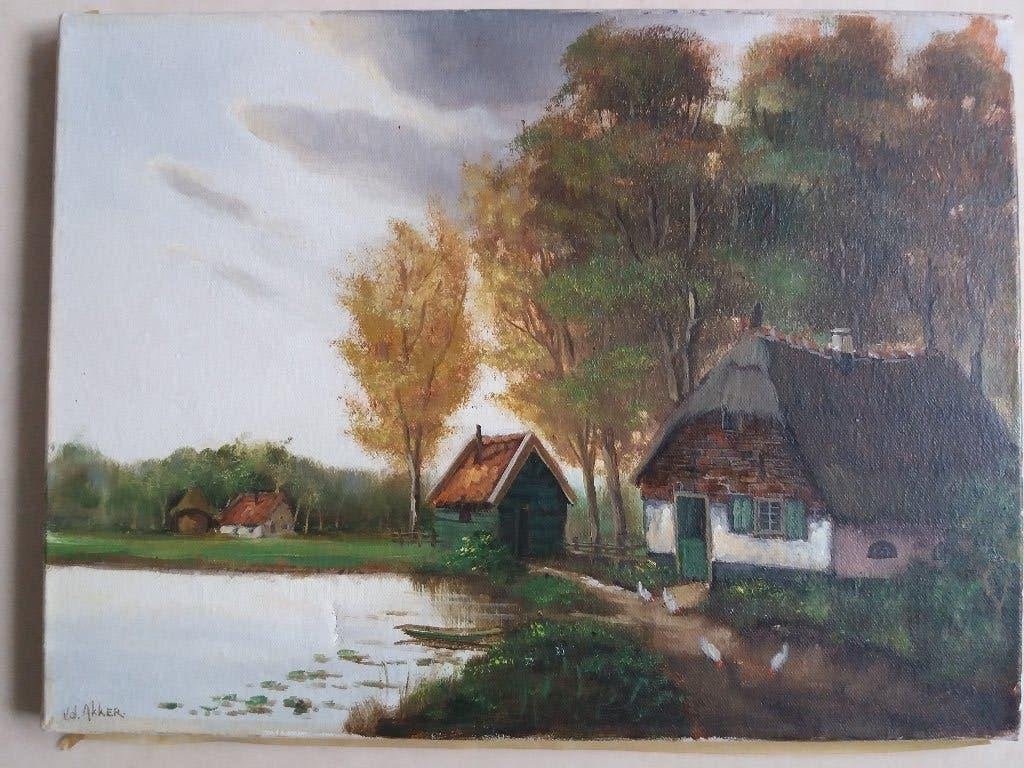 v.d. Akker landzicht schilderij. Aquarel.  37 x 30., Ophalen, 1920 tot 1940, Noord-Holland