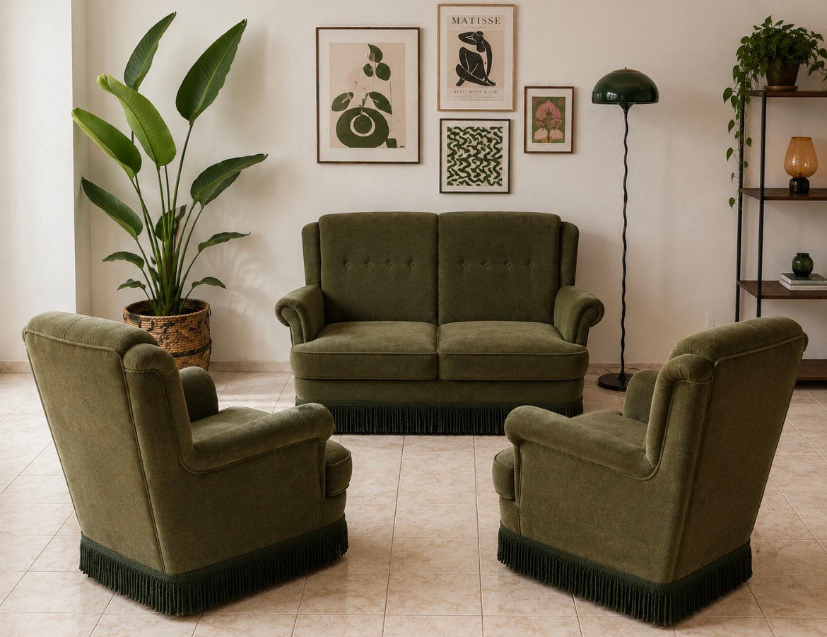 Vintage groen bankstel bank fauteuil franjes velvet velours, Ophalen of Verzenden
