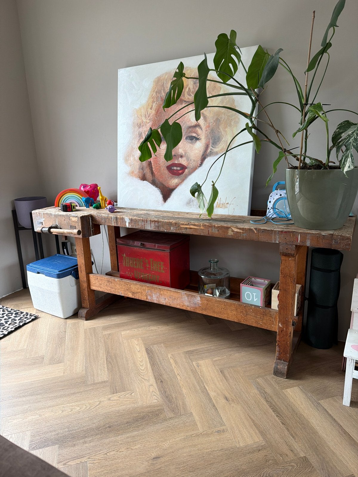 Oude werkbank 200cm lang, 80cm hoog, 50cm diep, Ophalen, Gebruikt, 170 cm of meer