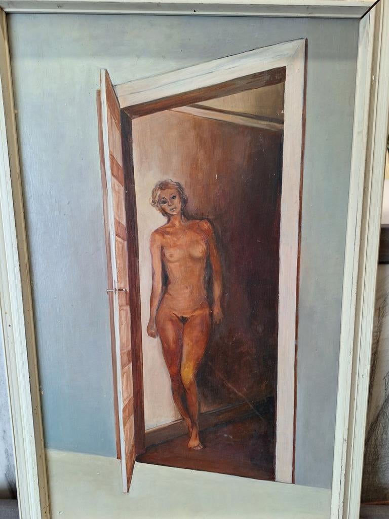 Schilderij naaktmodel in deuropening, Ophalen of Verzenden