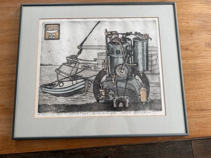 Ets 'Brons Motor 1920' van Oscar Verpoorten (27/100), Antiek en Kunst, Ophalen of Verzenden, Landschap, 1950 - 1999, Genummerd