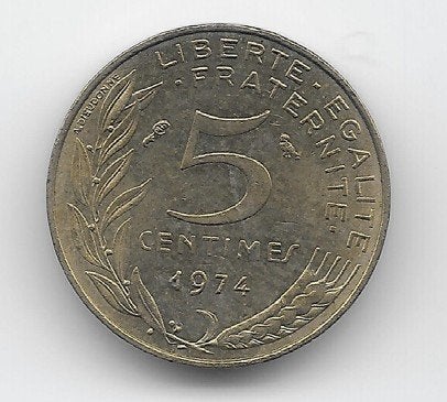 Frankrijk 5 centimes 1974 KM# 933, Ophalen of Verzenden, Frankrijk, Losse munt
