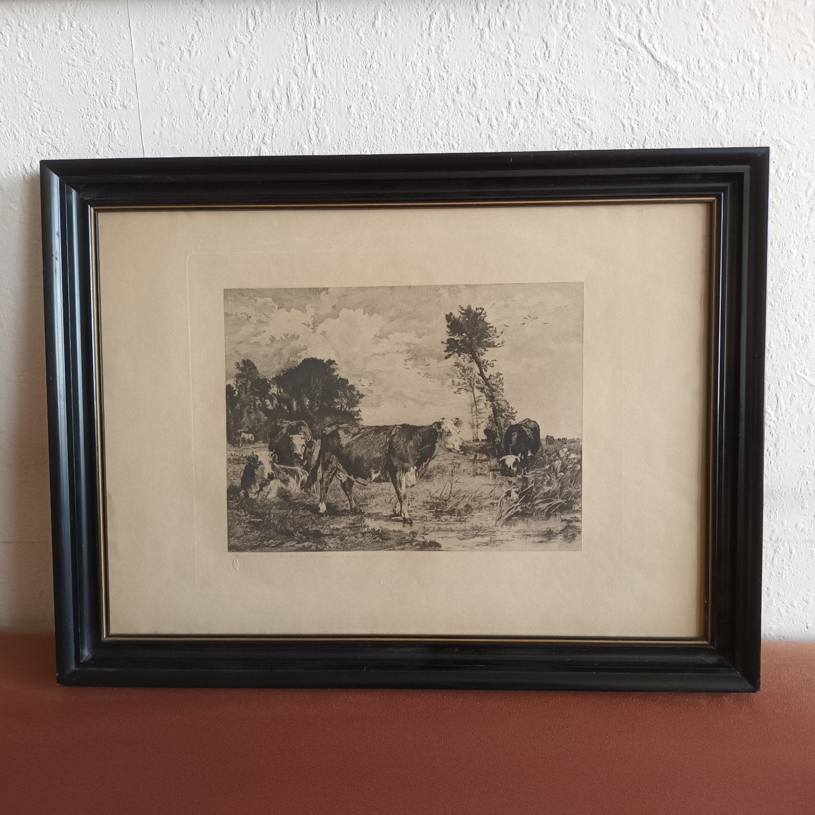 Franse gravure,  koeien in weiland, gesigneerd, Ophalen of Verzenden
