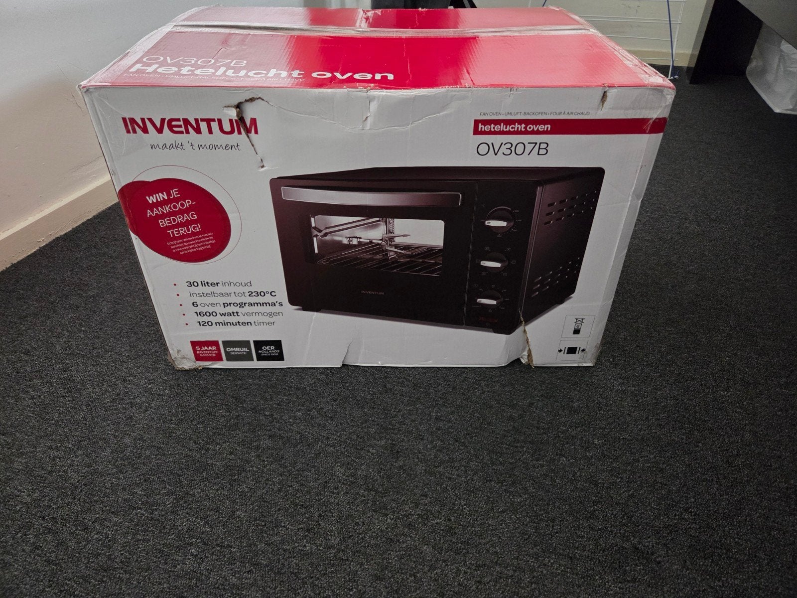 Inventum OV307B Heteluchtoven - 30L, 1600W, Zwart, 45 tot 50 cm, Hete lucht, Nieuw, Ophalen of Verzenden