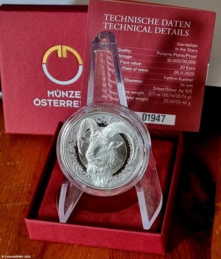 Oostenrijk 20 Euro 2025 "Steenbok" Proof met COA 925 AG, Postzegels en Munten, Munten | Europa | Euromunten, Oostenrijk, Setje