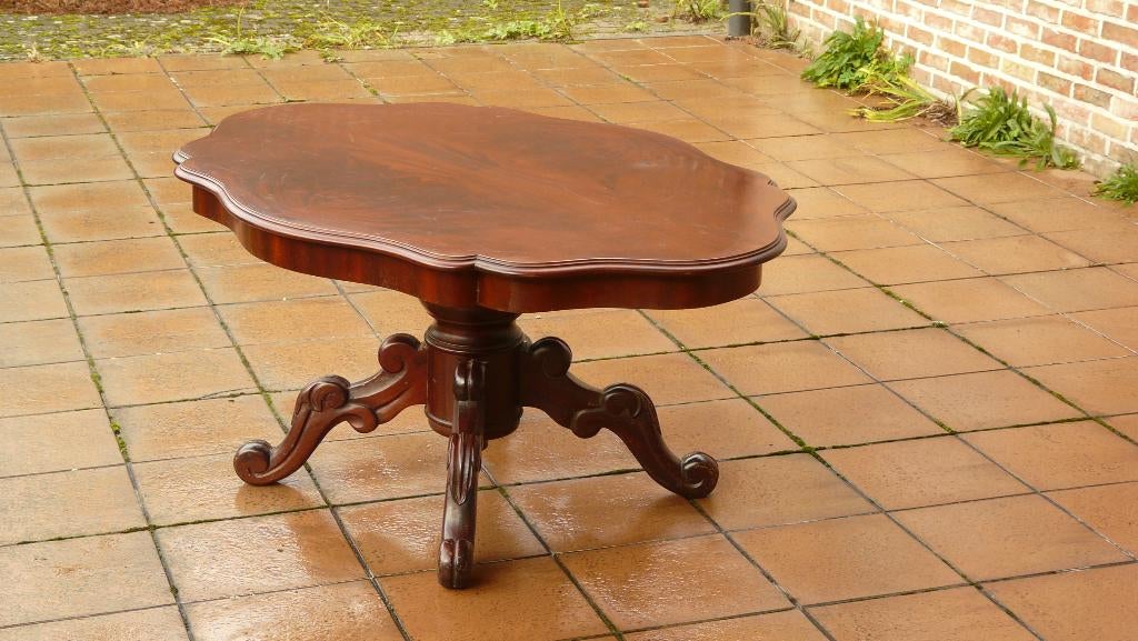 Notenhouten Biedermeier tafel met kolompoot en gaaf blad, Ophalen, Gebruikt, 100 tot 150 cm, 50 tot 100 cm
