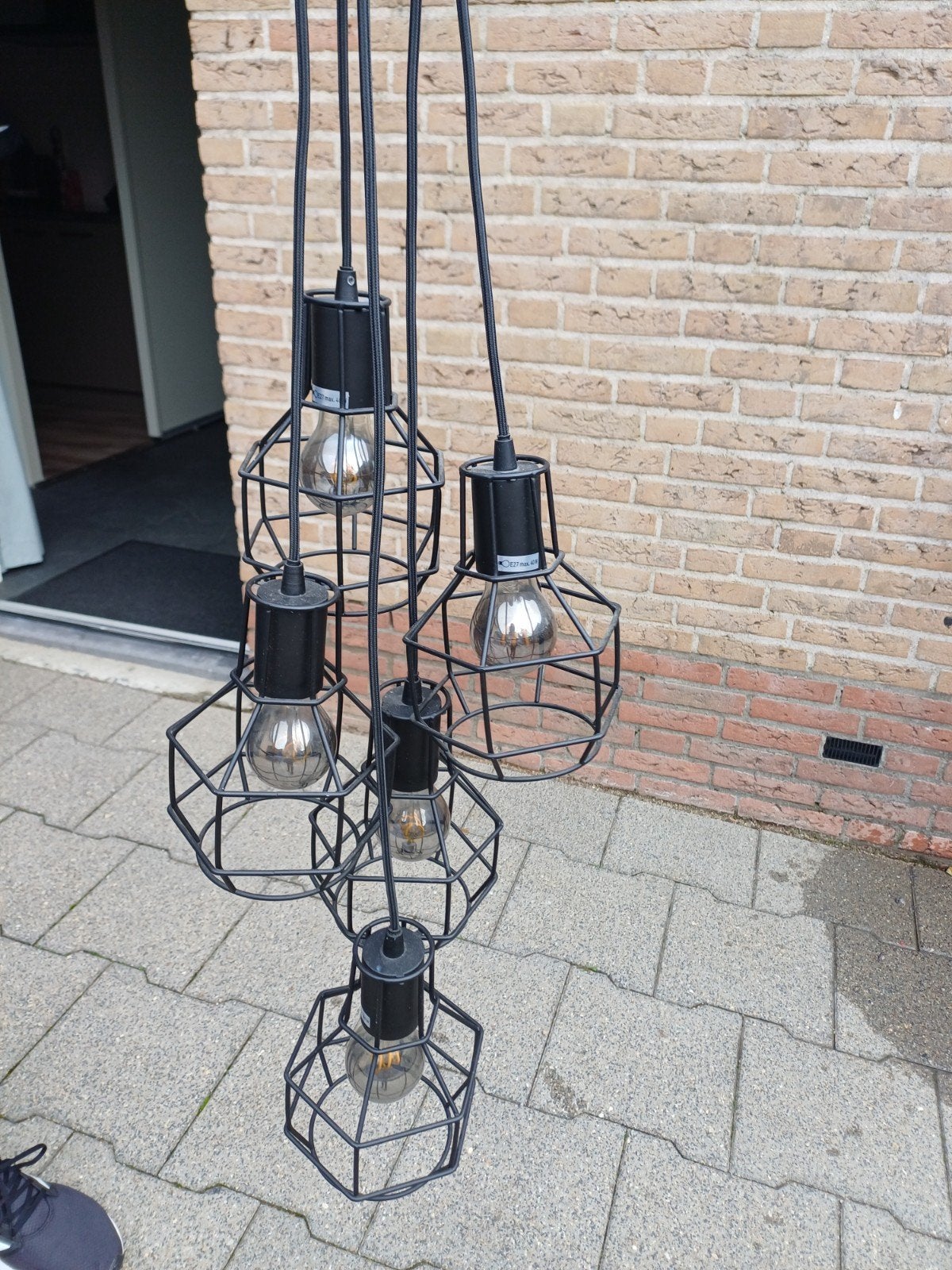 Industriële hanglamp met 5 kooilampen - Zwart metaal, Ophalen, Gebruikt, E27 (groot), Metaal