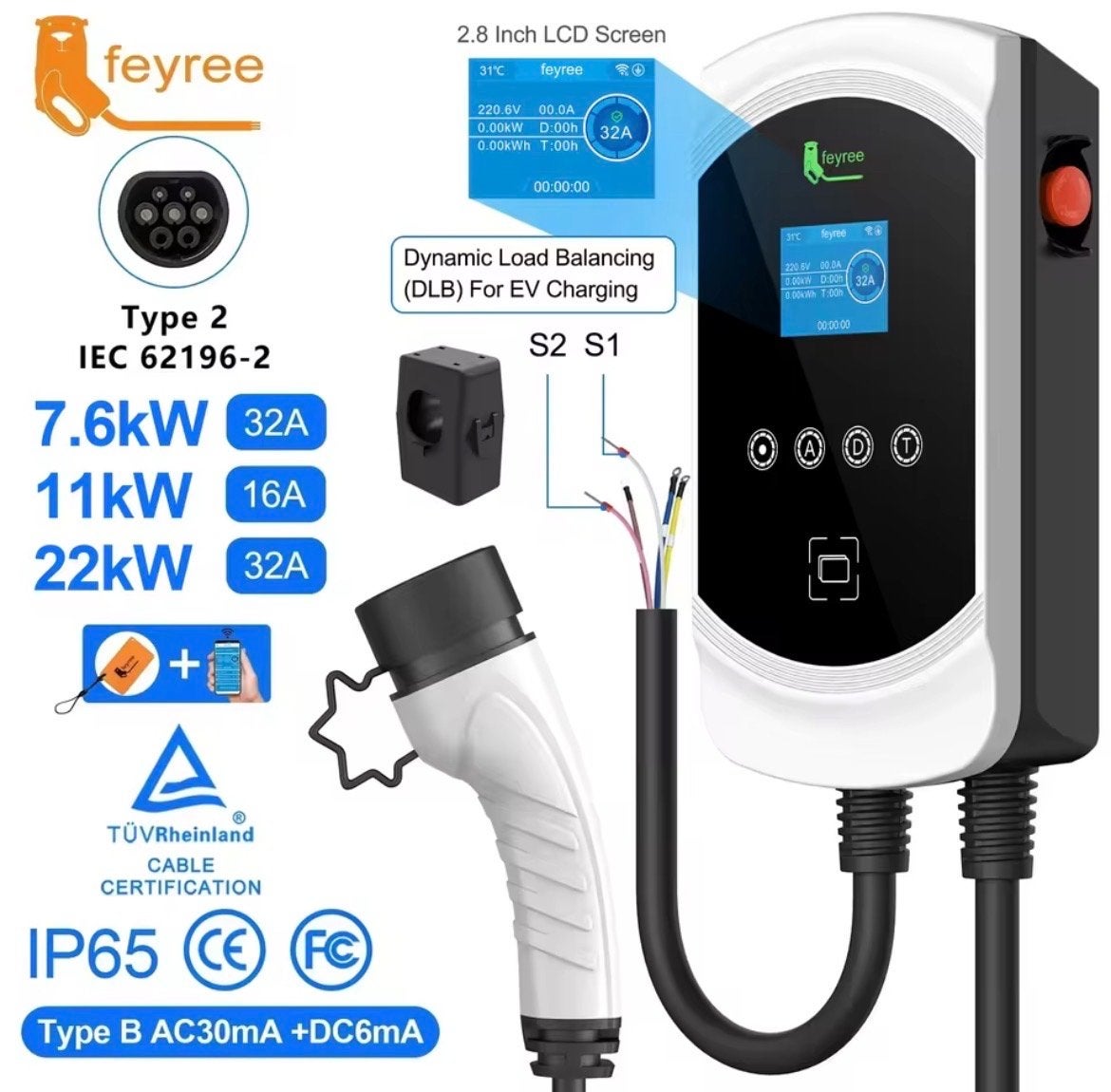 Feyree EV Laadpaal 7.6kW 32A Type 2 met Smart Load Balancing, Ophalen of Verzenden, Nieuw, Laadpaal