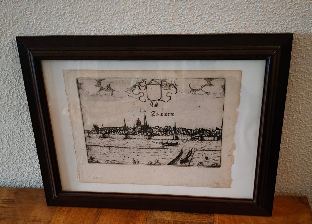 Antieke kopergravure uit 1613 stadsaanzicht Sneek, Ophalen of Verzenden, Stadsgezicht, Ets, 1600 - 1699