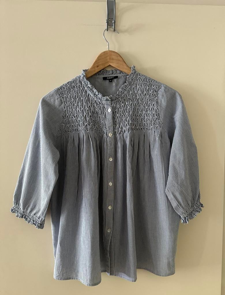 Purdey bloues met smockwerk en ruches maat 36, Ophalen of Verzenden, Zo goed als nieuw, Maat 36 (S), Blauw