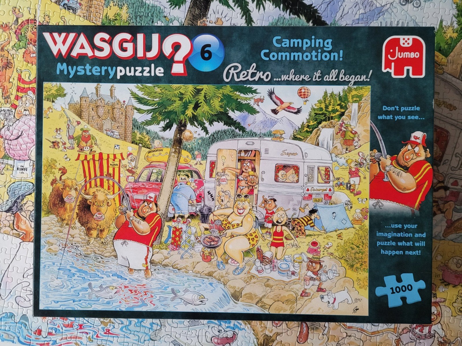 wasgij puzzel camping commotie 1000 stukjes, Ophalen of Verzenden, 500 t/m 1500 stukjes, Zo goed als nieuw, Legpuzzel