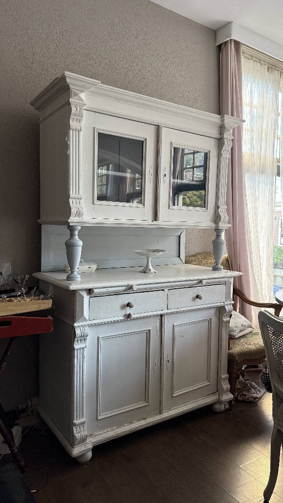 Prachtige witte brocante buffetkast / vitrinekast, Huis en Inrichting, Ophalen, Gebruikt, 100 tot 150 cm, 200 cm of meer