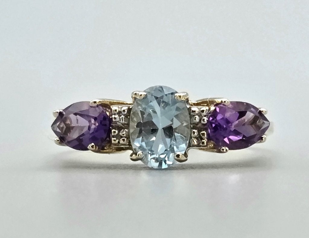 Gouden Vintage ring amethist, topaas en diamanten. 2026/534, 18 tot 19, Blauw, ., Ophalen of Verzenden