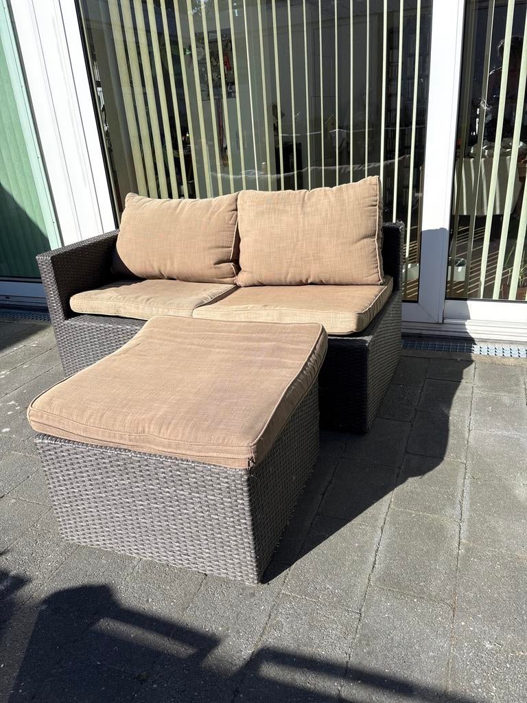 2-persoons zitbank met hocker/voetensteun - Wicker, Gebruikt, Loungeset, Wicker, Bank