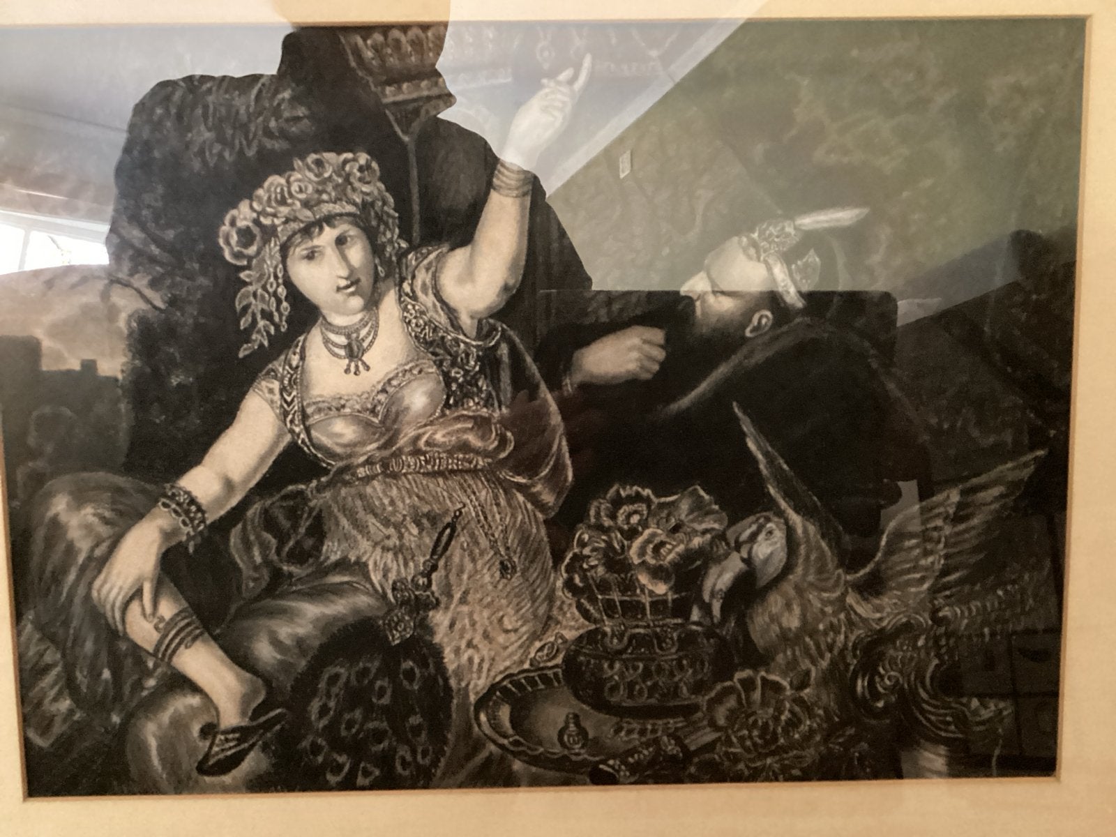 Bijzondere tekening van mythologische scène, Antiek en Kunst, Ophalen of Verzenden, Tekening, Houtskooltekening, Achter glas