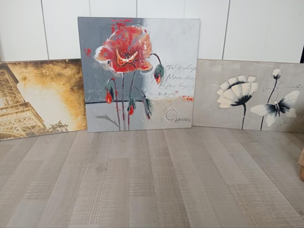 Drie canvas schilderijen: Eiffeltoren, klaprozen en vlinders, Ophalen of Verzenden