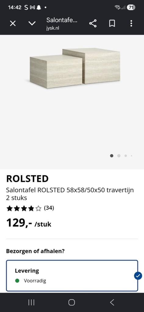 Salontafel ROLSTED 58x58/50x50 travertijn 2 stuks, Ophalen, Overige materialen, 50 tot 100 cm, Vierkant